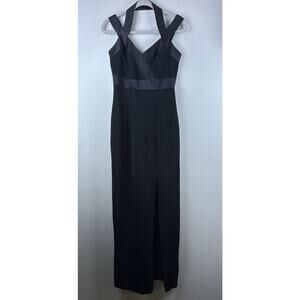 Vintage Cache Sz 4 Black Halter Straps Silky Trim Front Slit Lined Bandage Maxi